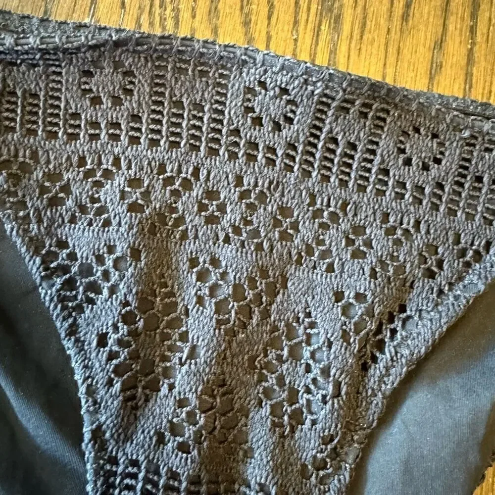 Victorias Secret Black Crocheted Side Tie Beaded Cheeky Swim Bikini Bottom Large